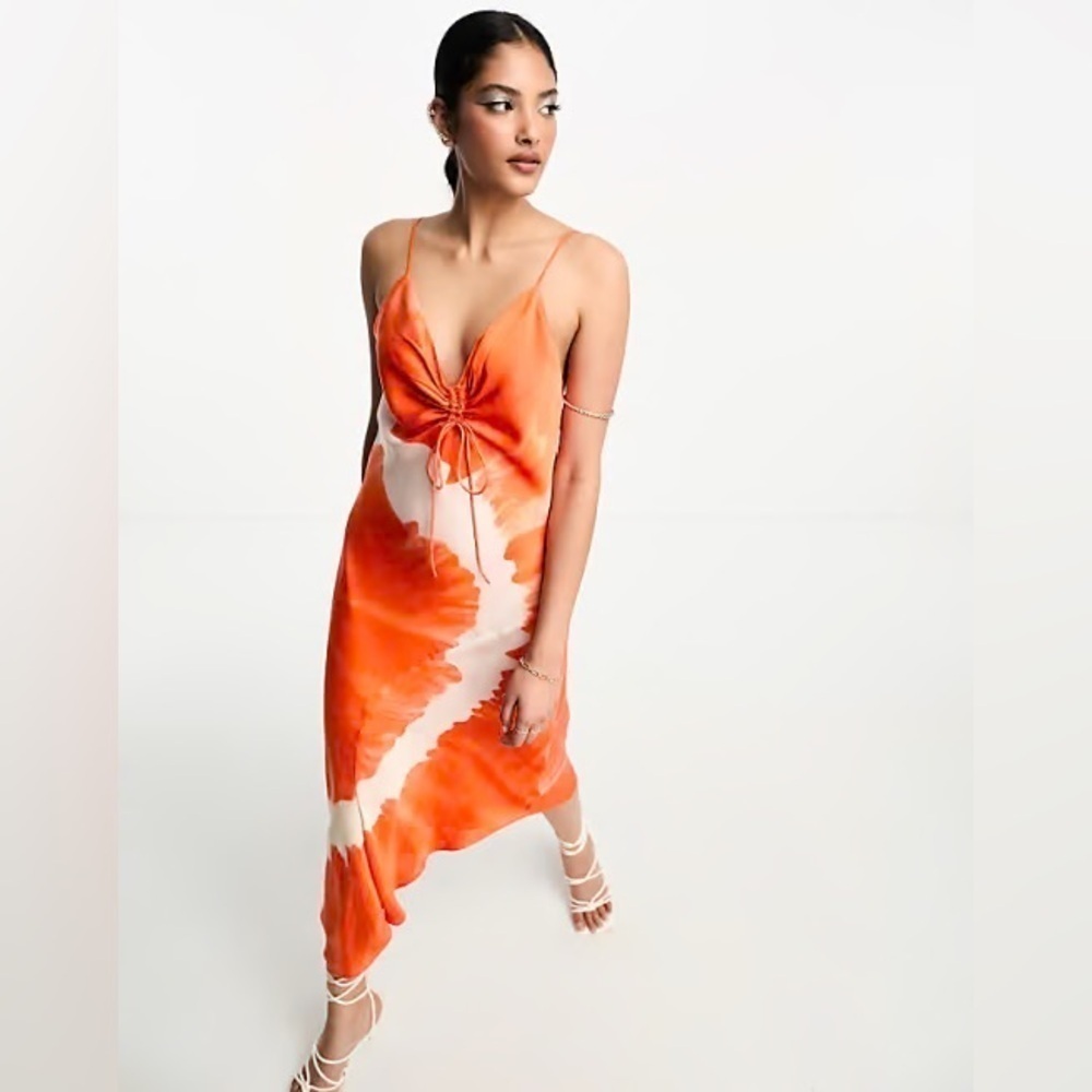 NEW All Saints Alexia Mariana Silk Blend Tie Dye Midi Dress Orange 🍊 - Picture 8 of 16